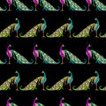 Seamless vector background of decorative colorful cartoon peacocks in rows Royalty Free Stock Photo