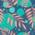 Seamless vector background with different red fern leaves on blue background. Vector illustration Royalty Free Stock Photo