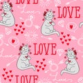 Seamless vector background with hearts, arrows, ringlets, cats, love. illustration for fabric, scrapbooking paper and other Royalty Free Stock Photo