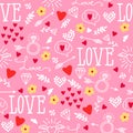 Seamless vector background with hearts, arrows, ringlets, flowers, love. illustration for fabric, scrapbooking paper and other