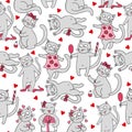 Seamless vector background with hearts and cats, love. illustration for fabric, scrapbooking paper and othe Royalty Free Stock Photo