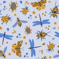 Seamless vector background with insects: butterflies, dragonflies, beetles Royalty Free Stock Photo