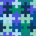 Seamless vector background jigsaw puzzle pieces. Repeating blue green teal pattern for fabric, kids wear, childrens decor