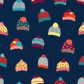 Seamless vector background knitted wool hats. Warm winter clothes wear pattern. Hand drawn cozy and warm accessories. Scandinavian Royalty Free Stock Photo