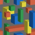 Seamless vector background with multicolored cubes and cuboid in 3D isometric style. Geometric pattern. Yellow, red, green and Royalty Free Stock Photo