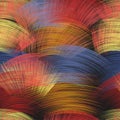 Seamless vector background with rows of arc grunge striped intersecting elements in red, blue, yellow colors on black backdrop Royalty Free Stock Photo