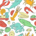 Seamless vector background with seafood.
