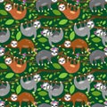 Seamless Vector Background with Sloths, Tree Branches and Leaves