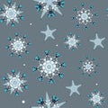 Seamless vector background with stars. Holiday joyful pattern with stars and snowflakes on a gray background. Royalty Free Stock Photo