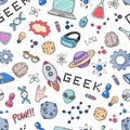 Seamless vector background, wallpaper, texture, backdrop pattern. Set of doodle cartoon icons geek, nerd, gamer Royalty Free Stock Photo