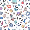 Seamless vector background, wallpaper, texture, backdrop pattern. Set of doodle cartoon icons geek, nerd, gamer