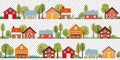 seamless vector banner with rural panoramic scene. countryside village with farm, meadow, barn, houses, trees abstract background