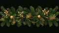 seamless vector banner showcasing intricately detailed green fir branches and golden lights