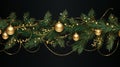 seamless vector banner showcasing intricately detailed green fir branches and golden lights