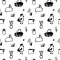 Seamless vector black and white Easter pattern with roosters and rabbits.Repetitive ornament on transparent Royalty Free Stock Photo