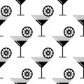 Seamless vector black and white pattern with coctails and orange, lime slices on the white background Royalty Free Stock Photo