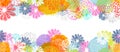 Seamless vector border with lemon, white, blue, pink stylized doodle flowers on white background.