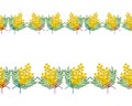 Seamless vector border pattern - yellow mimosa. Horizontal. Color lace decoration. Bouquets on an isolated background.