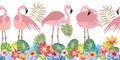 Seamless vector border pith flamingos, flowers and palm leaves. Royalty Free Stock Photo