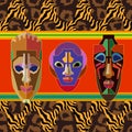 Seamless vector border with shamanic masks and animal prints. Royalty Free Stock Photo