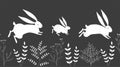 Seamless vector border with white hares and plants on a black background. Rabbits run.