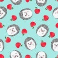 Seamless vector childish pattern with cute watercolor hedgehogs and apples