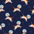Seamless vector childish space pattern. Dog and stars on dark background. Kids design, backdrop for wallpaper, print