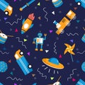 Seamless vector childish toys train, robot, truck, rocket, ball, drum, pinwheel, ufo and sword isolated on dark blue background.