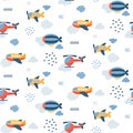 Seamless vector children pattern with cute cartoon transport vehicles: airplane, helicopter, airship Royalty Free Stock Photo