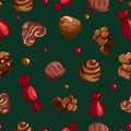 Seamless vector Christmas pattern of bright tasty pieces milk chocolate with nuts, sweets, dragees. World Chocolate Day