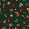 Seamless vector Christmas pattern of bright tasty pieces milk chocolate with nuts, sweets, dragees. World Chocolate Day