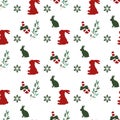 Seamless vector christmas pattern with snowflake elements, hare silhouette, ostrich branches, christmas candy. Design