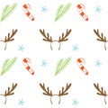 Seamless vector Christmas texture. Seamless backdrop with pine tree, candy cane, deer horns and snowflakes.