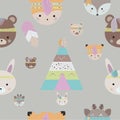 Seamless vector chuldish pattern with cute tribal animal faces. Scandinavian style illustration, indians with feathers. Design for