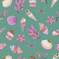 Seamless vector color pattern with shells. Hand drawn ÃÂ¼arine background.