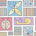 Seamless vector colorful background with hand drawn decorative childlike butterfly, ladybug, snail, dragonfly. Graphic illustratio Royalty Free Stock Photo