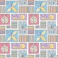 Seamless vector colorful background with hand drawn decorative childlike butterfly, ladybug, snail, dragonfly. Graphic Royalty Free Stock Photo