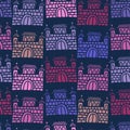 Seamless vector colorful illustration pattern design of silhouette of medieval cartoon castle