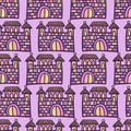 Seamless vector colorful illustration pattern design of silhouette of medieval cartoon castle