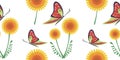 Seamless vector colorful pattern with yellow dandelions and red butterflies on the white background