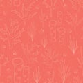 Seamless vector coral reef background. Underwater pattern with corals, sea plants, seaweed, sponge, clams, shells. Hand drawn