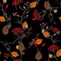 Seamless vector Dark autumn pattern with red and orange berries,pine cone,nuts,flowers and leaves. Fall colorful floral