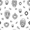 Vector day of the dead shugar skull doodle pattern.