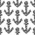 Seamless vector decorative hand drawn pattern with anchor. Royalty Free Stock Photo