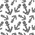 Seamless vector decorative hand drawn pattern with anchor. Royalty Free Stock Photo