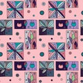 Seamless vector decorative hand drawn pattern with geometrical motifs, flowers. Graphic vintage design. Print for wrapping, Royalty Free Stock Photo