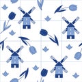 Seamless vector delftware pattern with tulips and mills Royalty Free Stock Photo