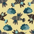 Seamless vector design with cute birds and clouds in the sky on yellow Royalty Free Stock Photo