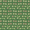 Seamless vector doodle pattern with pink cherries on green background