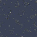 Seamless vector doodle pattern with space elements, rocket, star, planet, moon, meteor. Kids cosmos graphic elements.